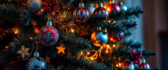 Ornate Christmas tree, close-up, glittering ornaments, warm lighting, blue, ornaments
