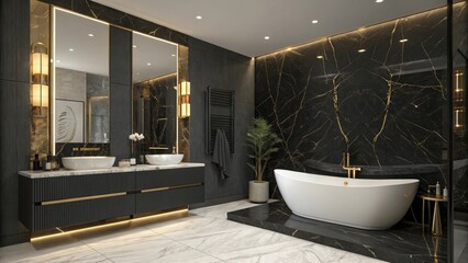 A sleek bathroom with black marble walls, gold-accented fixtures, a floating vanity, and a freestanding bathtub with soft under-glow lighting for a luxurious ambiance.