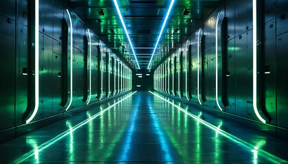 Fototapeta premium a long hallway with green and blue neon lights on either side of the walls.