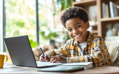Happy child doing homework at home, sitting in front of a laptop and writing .