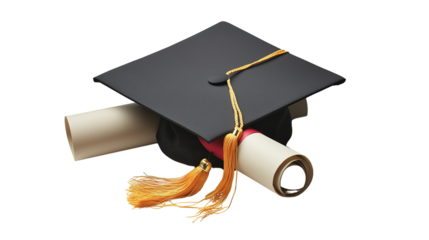  A graduation cap with a tassel and a diploma on a white background, isolated. An isolated high-resolution photo of a black graduation hat 