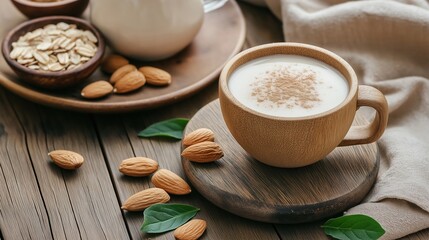 Fototapeta premium Wooden table with a cup of coffee on it. the cup is made of light-colored wood and has a handle on the right side. it is filled with a creamy white liquid, which appears to be a latte or cappuccino.
