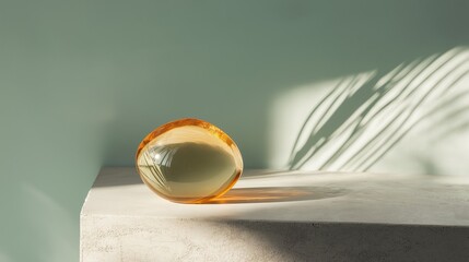 Small, round, amber-colored object on a white surface. the object appears to be made of glass or a similar material and has a smooth, shiny surface.