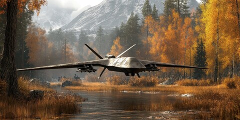 A military drone flies over a tranquil lake in autumn scenery