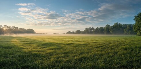 Obraz premium A foggy morning field with trees and a beautiful blue sky