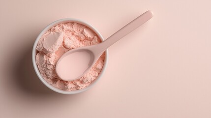 Small white bowl with a pink powdery substance inside. the bowl is placed on a light pink background. a white plastic spoon is resting on the side of the bowl.