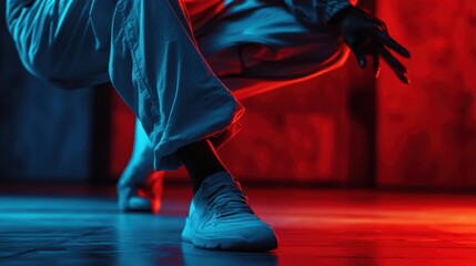 Fototapeta premium A person is performing a dance move with red and blue lighting