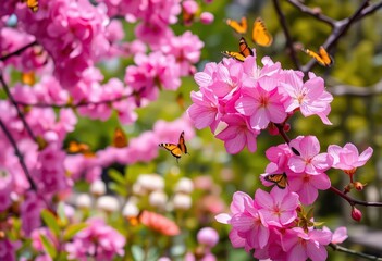 Obraz premium Pink sakura blossoms, fluttering butterflies, whimsical garden, cherry blossom, vibrant