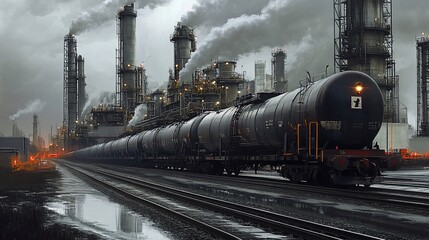 Naklejka premium Industrial landscape featuring a long train and factory with smoking chimneys