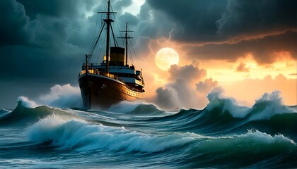 Obraz premium A ship sailing through rough seas at night and another ship sailing during sunset.