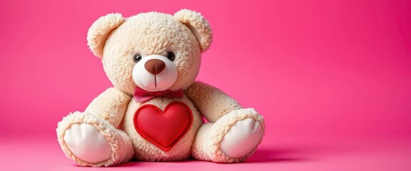 Plush teddy bear with embroidered heart, sitting on pink background, retro, teddy bear