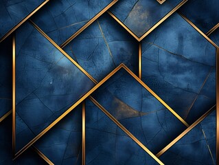 Avant garde geometric design interlocking Blue shapes each accented fine gold trims golden highlights appear illuminated subtly glowing against deep matte background evoking futuristic premium feel