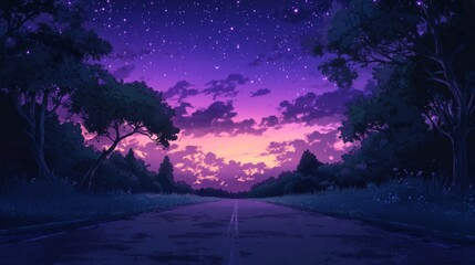 In the early morning, and empty road with trees on both sides under sky has with purple clouds and stars.