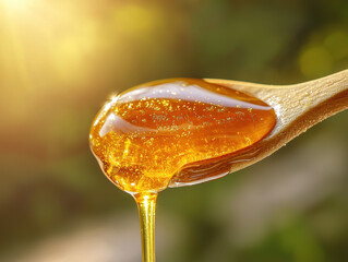 Golden honey drips from a wooden spoon in warm sunlight showcasing natural sweetness