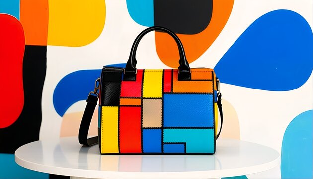 This image showcases a vibrant purse with a colorful geometric design.