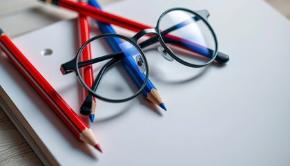 Red & blue mechanical pencils, round glasses atop notebook, background, workplace