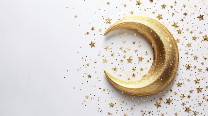 full width gold crescent with subtle sparkles above white background