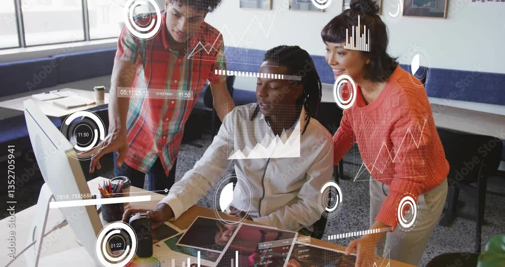 Poster collaborating at desk, diverse team using animation with data visualization graphics