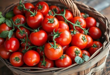 Ripe red tomatoes overflowing a rustic wooden basket, tomatoes, summer
