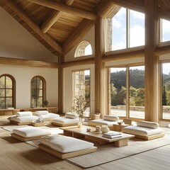 Modern Scandinavian Interior Design with Nature Elements and Earth Tones for Tranquil Relaxation and Yoga Wellness Retreat