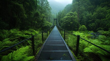 Misty rainforest suspension bridge. Lush greenery, ferns, and a metal bridge leading into a misty mountain valley