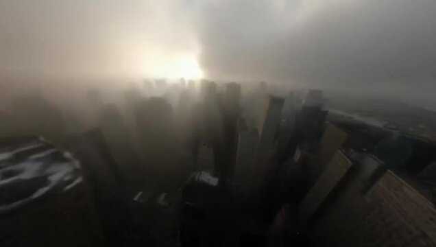 FPV Drone Style View Over New York City Rooftops During a Massive Solar Eclipse: God Rays, Skyscrapers, and Enhanced Motion Blur Create a Stunning and Dynamic Cityscape.