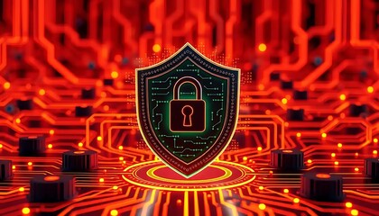 Cybersecurity Shield Lock Symbol on Digital Circuit Board Background