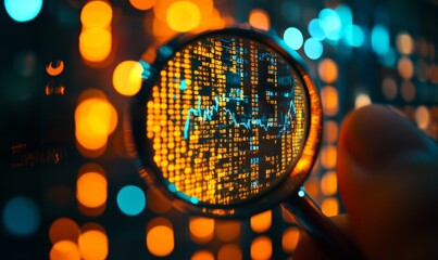 A magnifying glass with financial data in the background.