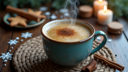 Spiced coffee with cinnamon, cloves, and nutmeg, set in a cozy winter scene with candlelight and cool tones.
