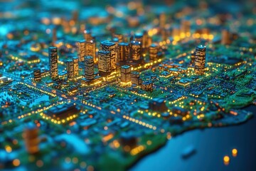 Obraz premium Nighttime cityscape showcasing illuminated buildings and vibrant streets in a bustling metropolis with a river view