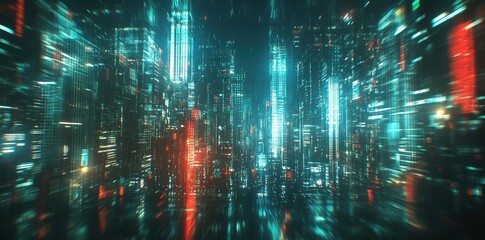 Obraz premium Futuristic cityscape with glowing lights and skyscrapers at night