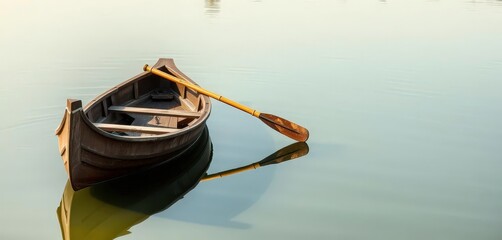 Rustic wooden canoe with single paddle, calm water reflection, riparian, spring