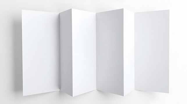 Vertical double gate fold brochure. Four panels, eight pages blank leaflet. Mock up on white background for presentation design. Folded, semi-folded and front side.