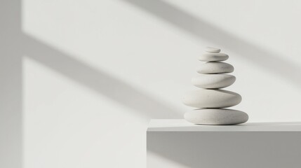 A minimalist arrangement of smooth white stones stacked on a pedestal against a light background.