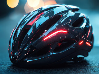 Fototapeta premium Futuristic bicycle helmet featuring aerodynamic design and glowing details for enhanced safety