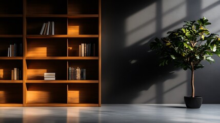 Fototapeta premium Contemporary Interior Featuring a Wooden Bookcase and Potted Plant against a Gray Wall