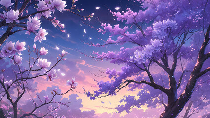 Pink sakura blossoms bloom on tree branches against a spring sky