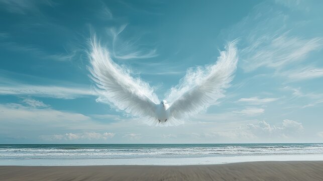 a beautiful white dove flying in the sky 