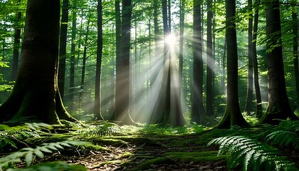 Naklejka premium sun rays shining through trees in a forest.