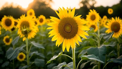 Fototapeta premium Sunflowers in a field at sunset.