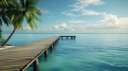 Obraz premium Inviting tropical shoreline rustic wooden pier extending into calm azure ocean Gentle ripple reflect sunlight while palm tree sway breeze combination of natural element human made structure creates