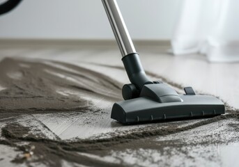 Vacuum cleaner removing dirt and dust from a wooden floor