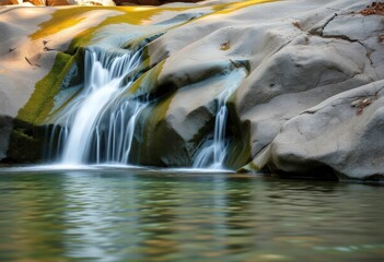 Serene waterfall's gentle cascade over smooth, moss-covered rocks,  organic, liquid