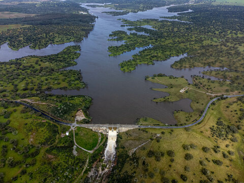 Monte Novo Dam at its maximum water level, supplying &Eacute;vora, Alentejo, Portugal. A serene landscape reflecting the abundance of water in the region.