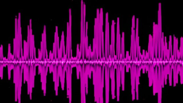 Audio waveform with neon pink bars on black background, digital sound concept