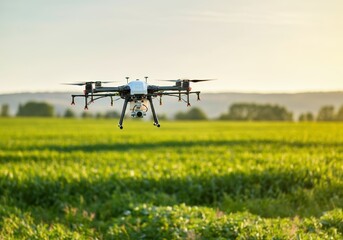 Drone flying over a lush green field, capturing agricultural data