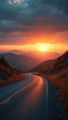 Fototapeta premium Winding road stretches towards vibrant sunset over rolling hills. Beauty of nature, travel concept. Pathway leads to golden sun, scenic landscape. Journey, freedom, adventure.