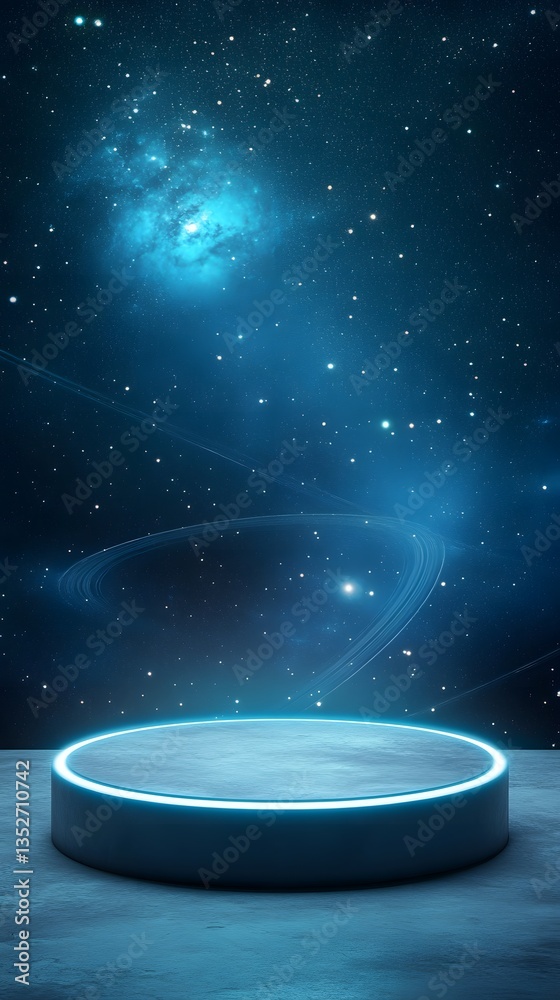 Wall mural a circular podium, floating in an outer space setting with planetary rings