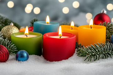 A serene winter scene featuring an elegant assortment of vibrant candles nestled on a blanket of pristine snow, radiating warmth and tranquility under a softly glowing twilight sky.
