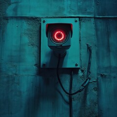 Security camera mounted on industrial wall emits red light in dimly lit environment during nighttime hours